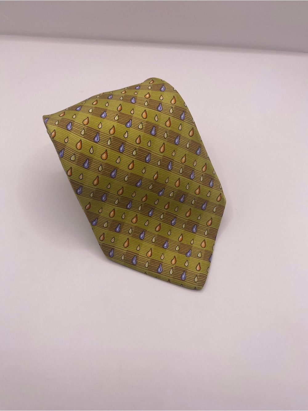 Hermes Lime Green Silk Tie with Orange and Blue Teardrop Motif